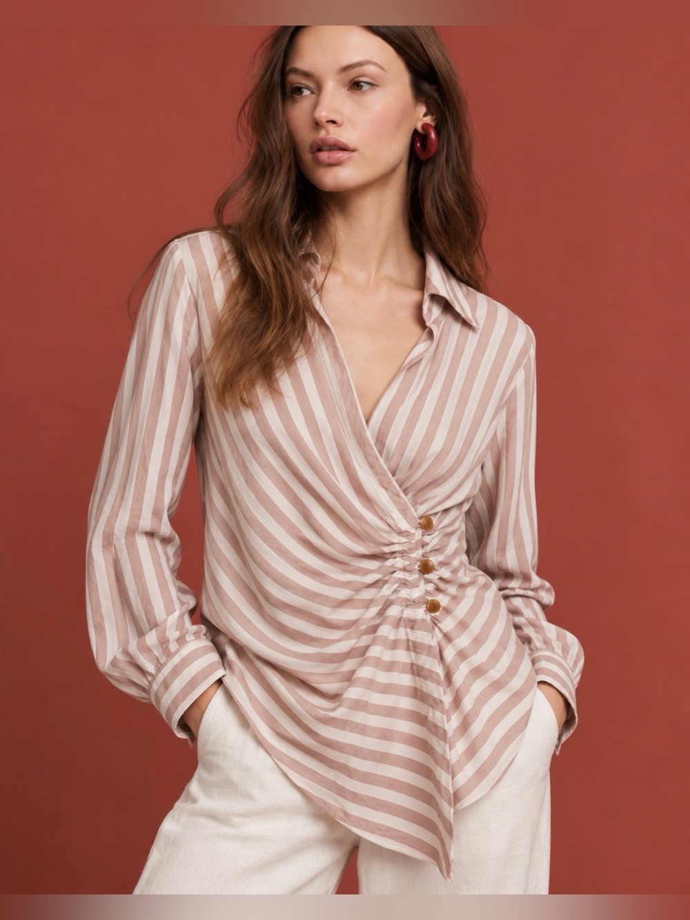 Anthropologie Striped Ruched Asymmetrical Blouse Size 4